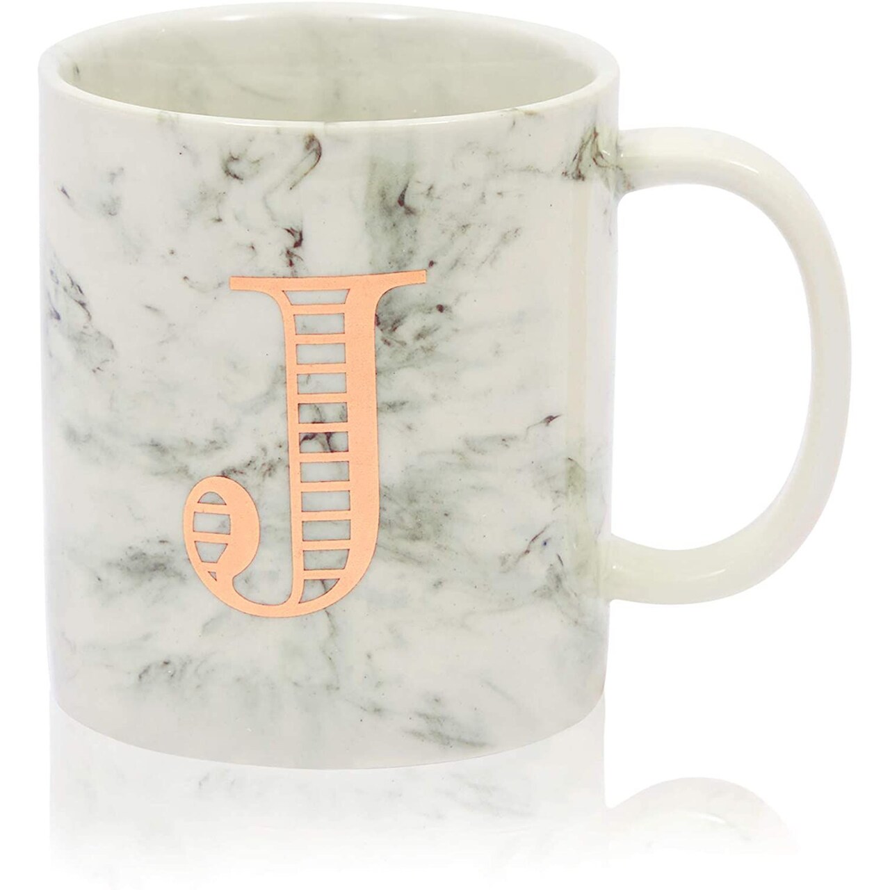 Rose Gold Letter J Monogram Mug, White Marble Ceramic Coffee Cup (11 oz)